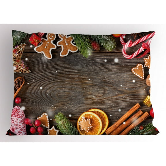 Gingerbread Man Pillow Sham Festive Christmas Frame with Spices Biscuits Elements on Table Art Print, Decorative Standard Queen Size Printed Pillowcase, 30 X 20 Inches, Multicolor, by Ambesonne