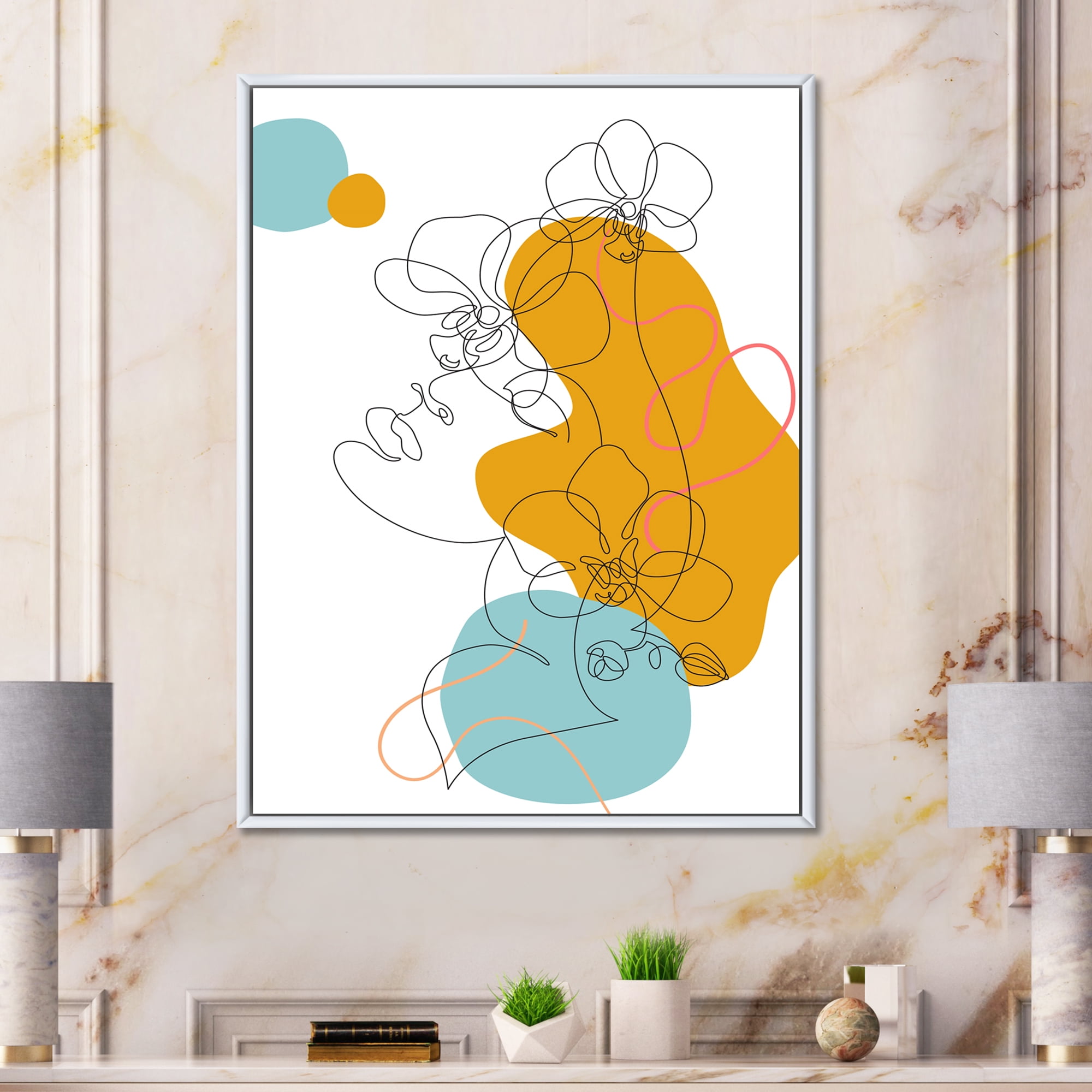 Designart 'Beautiful Woman Portrait With One Line Drawing' Modern Framed Canvas Wall Art Print