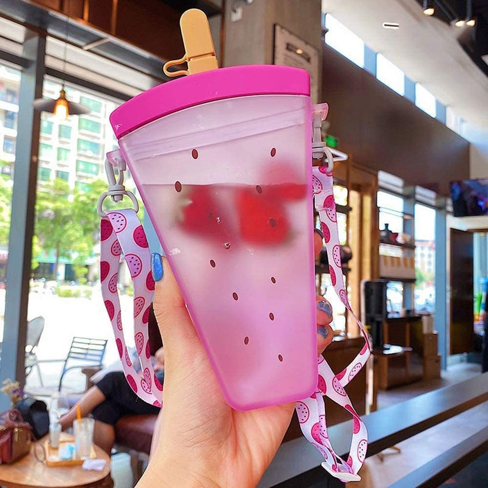 THHEIC 320ml Cute Watermelon Design Insulated Straw Water Bottle with Shoulder Strap, Portable Popsicle Cup for Gym, Office, Travel, and Outdoor Activities