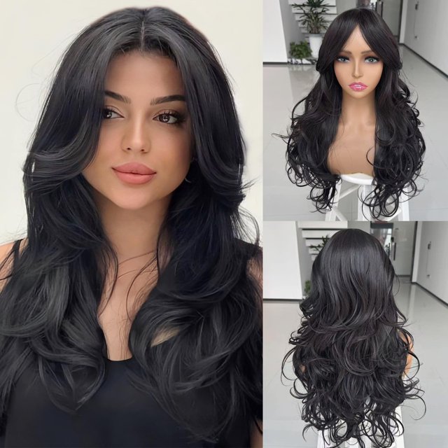 Yanonmyfd Wig with Bangs Long Wavy Copper Red Layered Wig with Curtain Bangs for White Black Women,Synthetic Ginger Reddish Brown Layered Long Wavy Shaggy for Daily Party 24inch