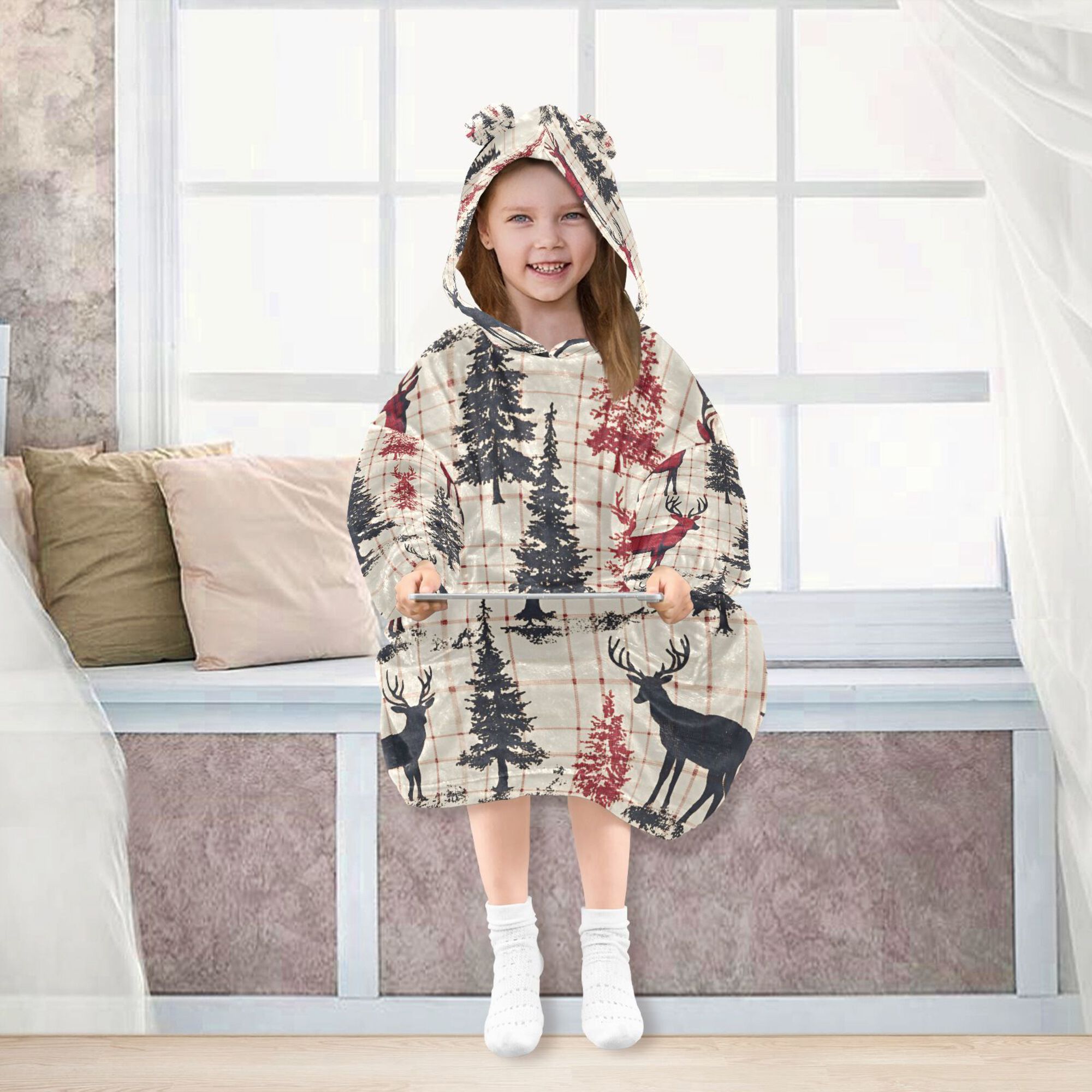 FORMRS Wearable Blanket Hoodie with Sleeves for Kids Cozy Flannel Sweatshirt, Red Deer