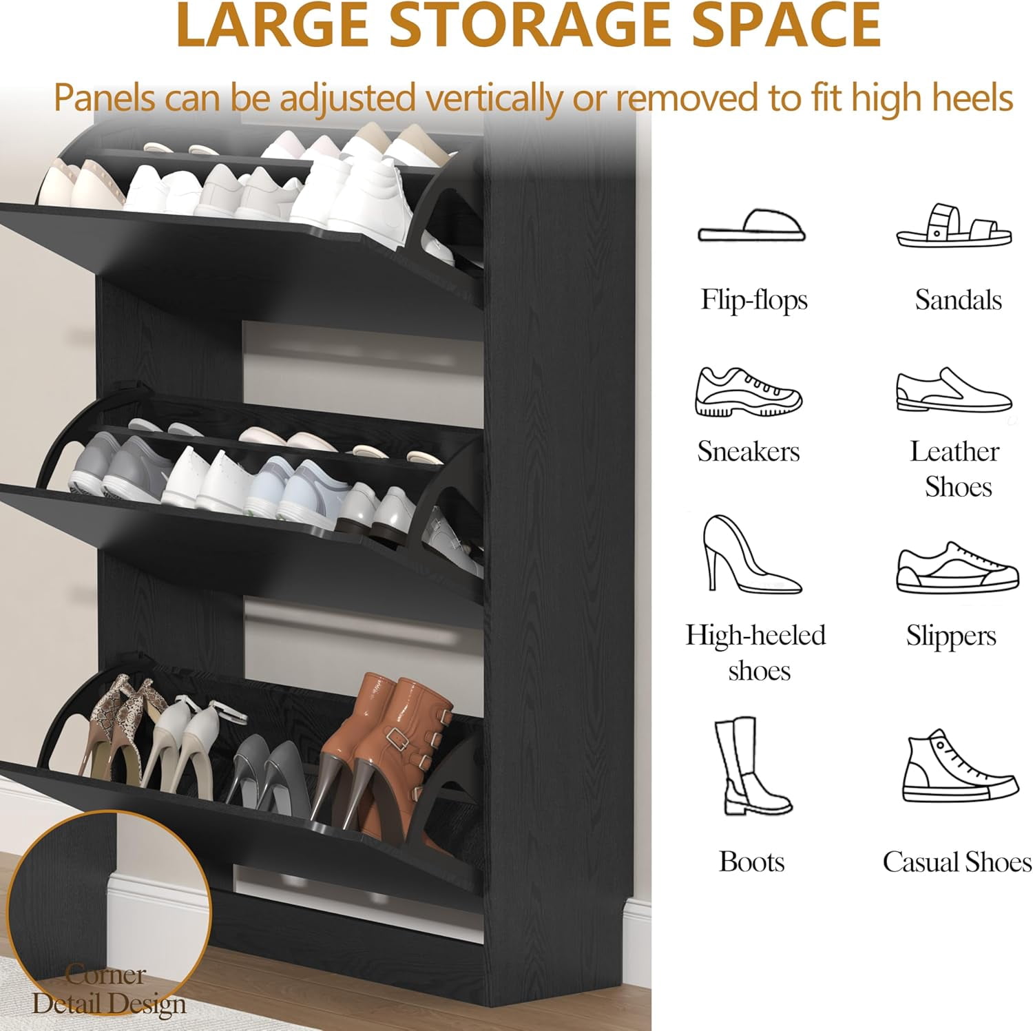 FANRAL Shoe Rack for Closet,Black Shoe Storage Cabinets with Flip Drawer,Slim Entryway Shoe Organizer with Flip Doors for Slippers Sneakers and High Heels