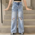 thumbnail image 4 of Girls Distressed Denim Wide Leg Pants – High Waist Loose Fit Baggy Jeans with Ripped Details, Trendy Y2K Streetwear Casual Trousers for Teenagers & Big Kids (6-14 Years), 4 of 8
