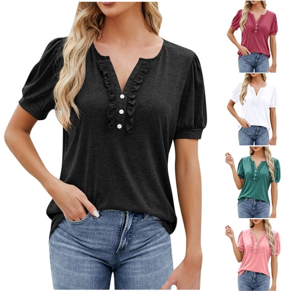 Otntypg Summer Tops for Women 2025 Trendy Dressy Casual Blouse Puff Short Sleeve Shirts Knit Ruffled Henley V Neck T Shirt Tunic T-Shirts White S