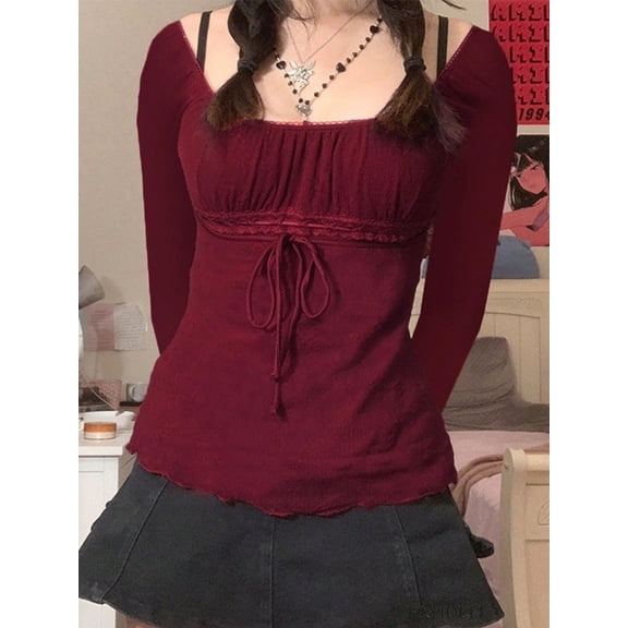 EMMIOL Women's Y2K Off-Shoulder Square Neck Long Sleeve Top with Front Tie, Trendy Slim Fit Spring/Fall Blouse