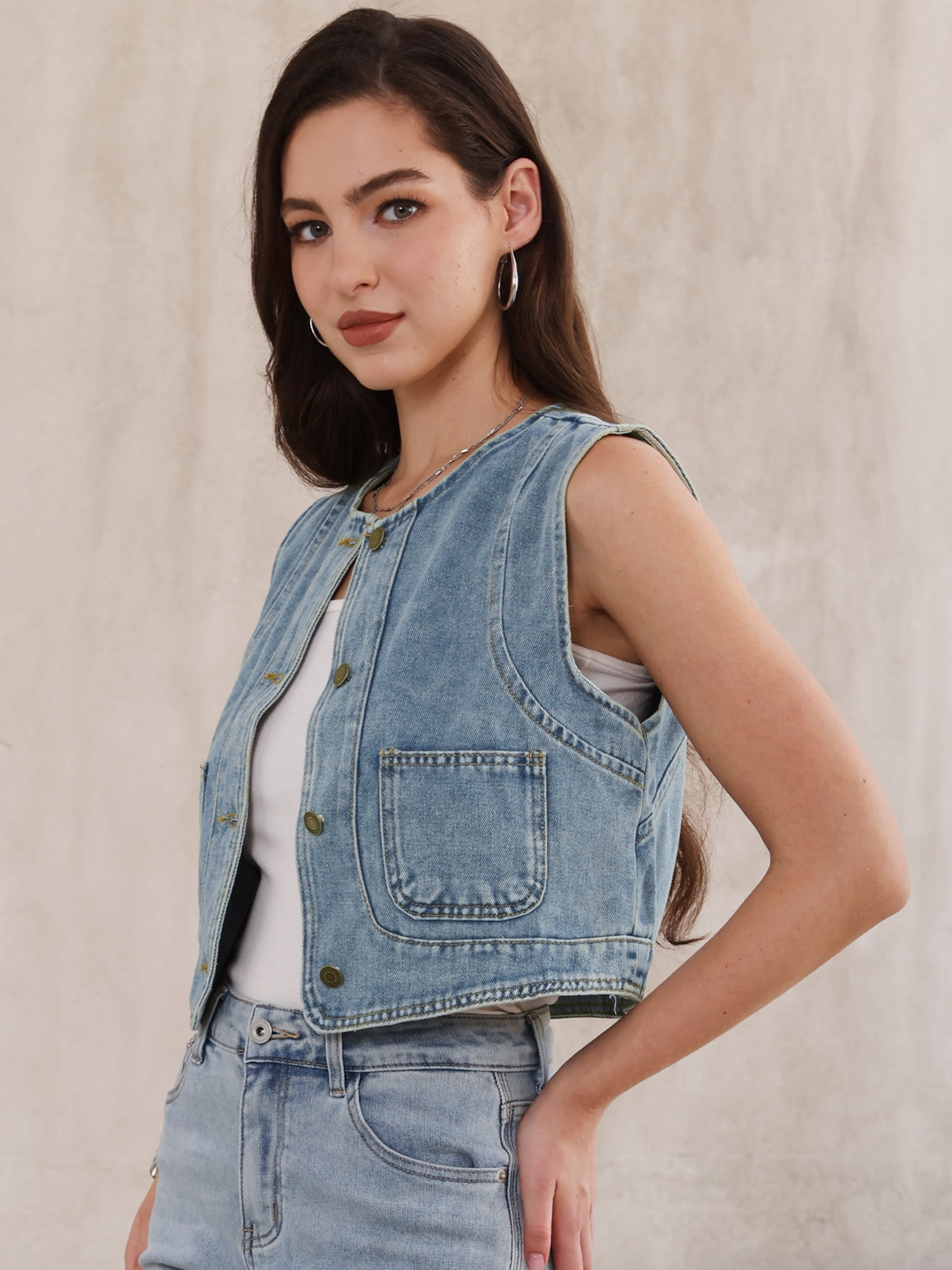 DARING DIVA Women's Crew Neck Button Down Sleeveless Jean Jacket Vest L Retro Blue