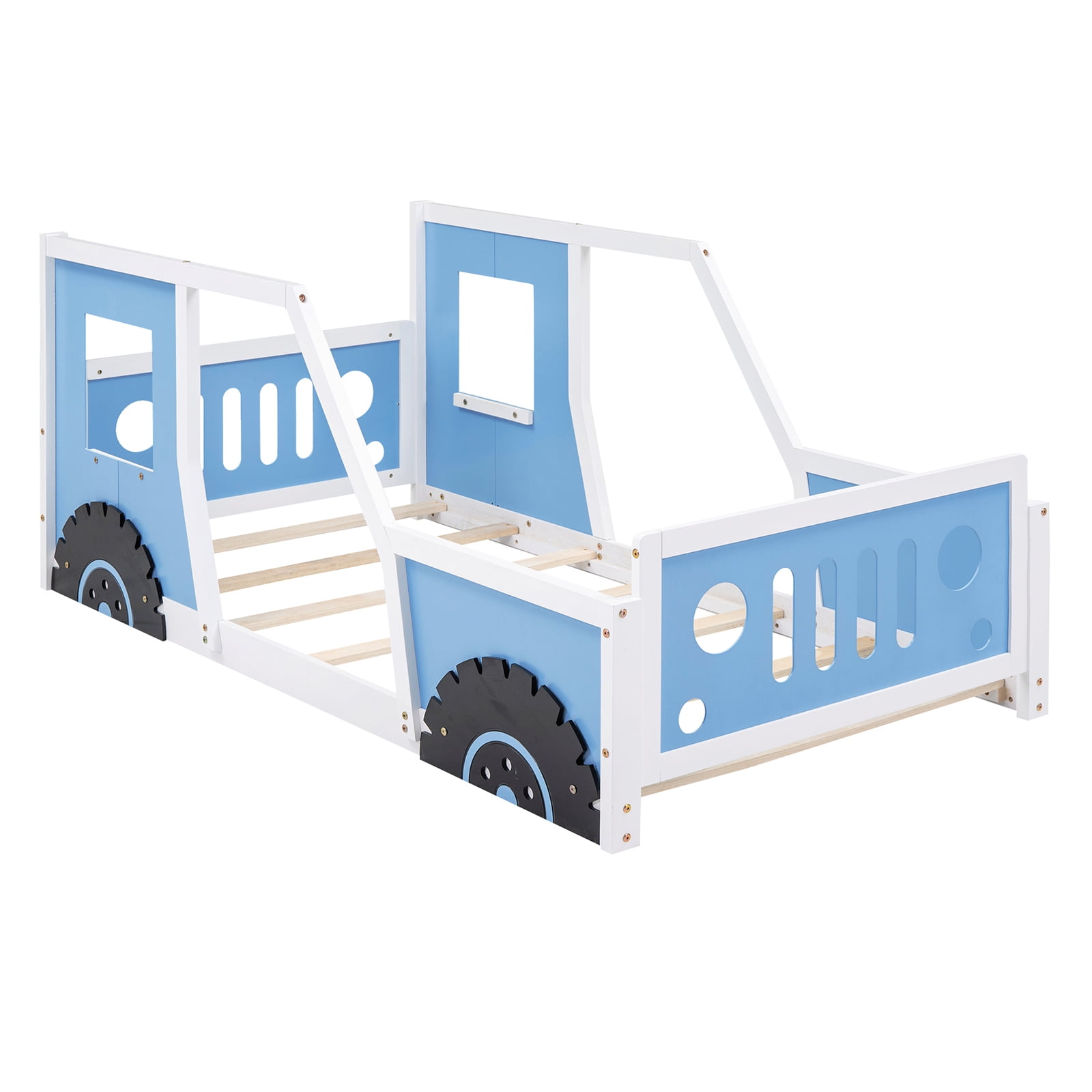 Twin Size Car Shaped Platform Bed Frame with Wheels, Headboard, Footboard, 2 Doors and Windows On Either Side