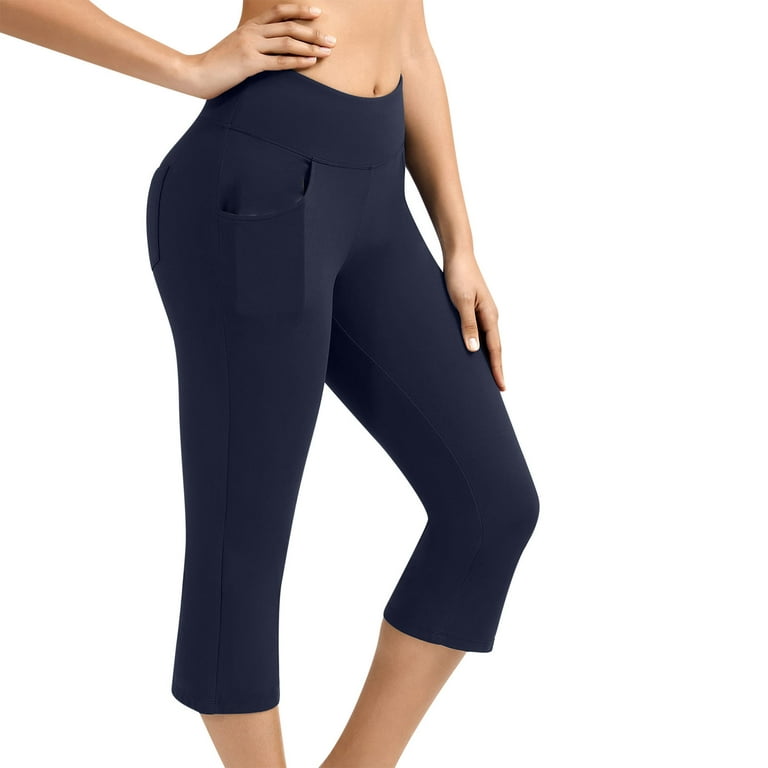 QUYUON Ladies Capris Knee Length Leggings High Waisted Yoga Workout  Exercise Capris for Casual Summer with Pockets Women's Plus Size Capris  Female Yoga Capris Pants Style Q1370 , Navy Small 