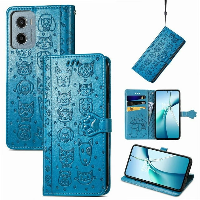 Étui à Rabat pour FOXDOCK Motorola Moto E15, Étui à Rabat en Cuir PU Gaufré Chat et Chien avec Fentes pour Cartes, Support
