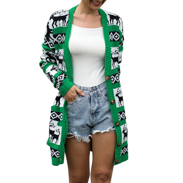 Gibobby Suéteres de invierno de punto Cárdigan de navideño de otoño e invierno para mujer, chaqueta de suéter navideño de longitud media (Verde, L)