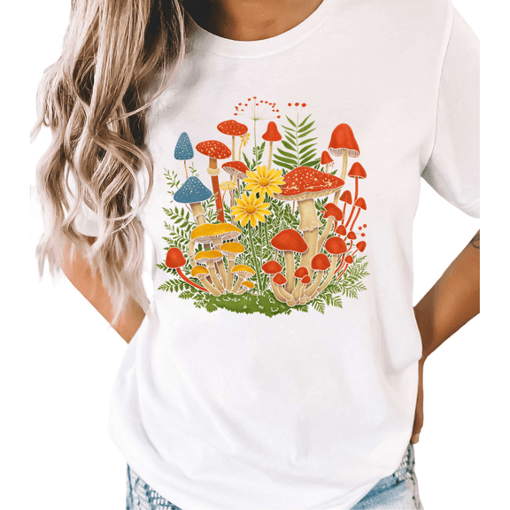 White Colorful Mushroom Floral Print Tshirts Cottagecore Streetwear Graphic Tee S-5XL Tops