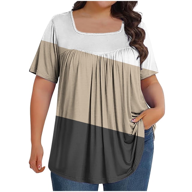 Fiudx Camisas de Mujer Top Holgado de Manga Corta Plisado con Cuello Extragrande Estampado para Mujer L-5Xl
