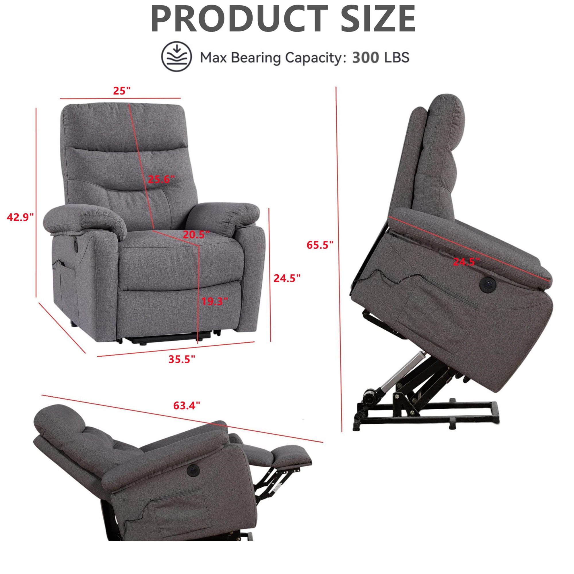 Aukfa Power Lift Recliner Chair with Massage&USB Port for Adult, 2 Side Pockets, Linen, Gray
