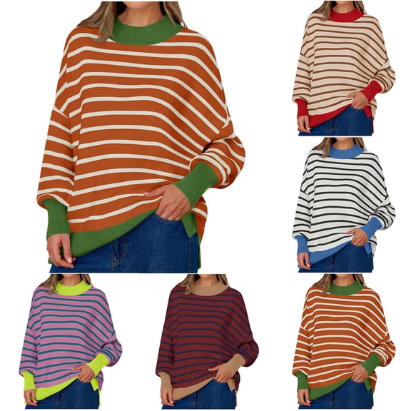 Swuxness Women's Base Layer Knitted Sweater, Women Long Sleeve Sweater Top, Women's Striped Crew Neck Knit Loose Pullover Fashion Lightweight Sweaters Top Purple, L