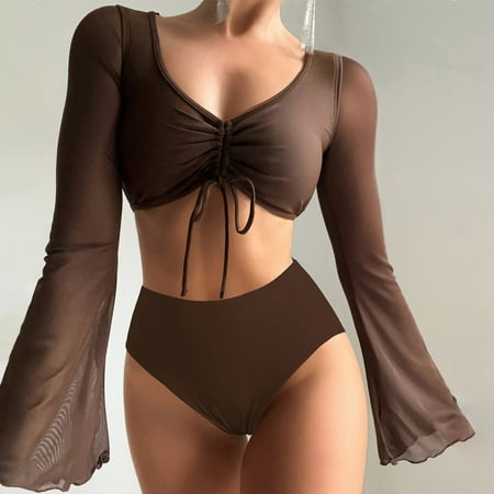 MSJUHEG Bikini Cover Up Cute Coverups Bikini Beach Cover Up Women s Sexy Long Sleeve Cover Up Split Bikini Swimsuit Bikini Set Mesh Cover Up Long Sleeve Cover Up for Women Coffee XL