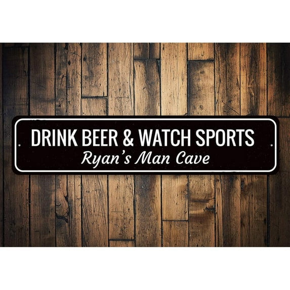 Drink Beer & Watch Sports Novelty Decor, Metal Wall Sign - 4x18 Inches