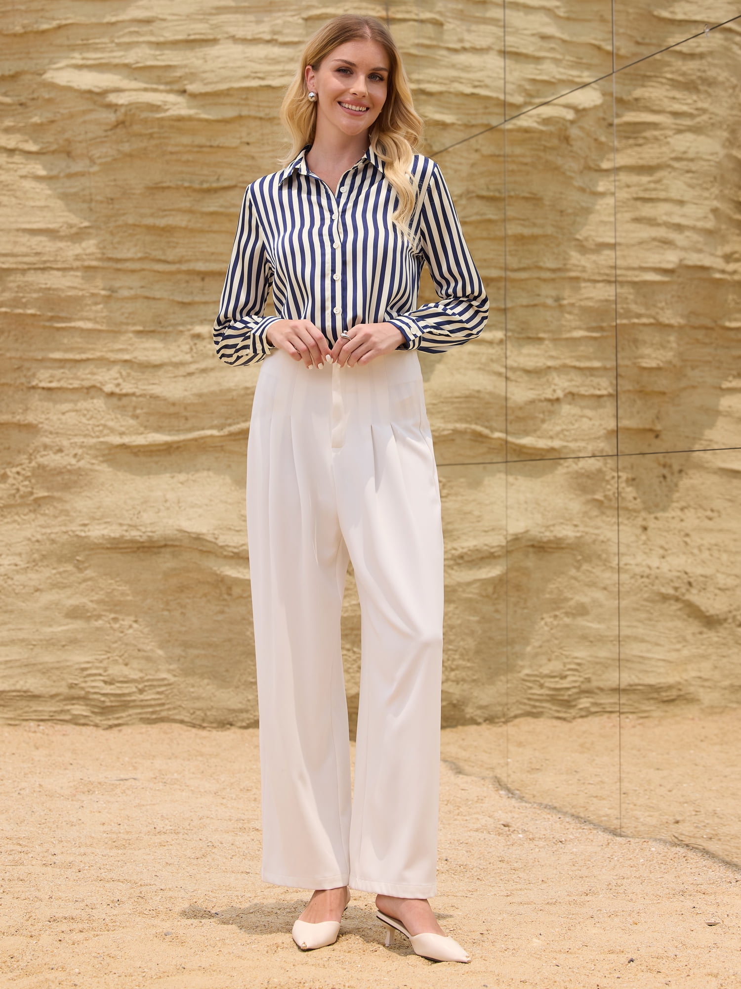 DARING DIVA Women's Satin Striped Shirt Long Sleeve Office Blouse XL Navy Blue
