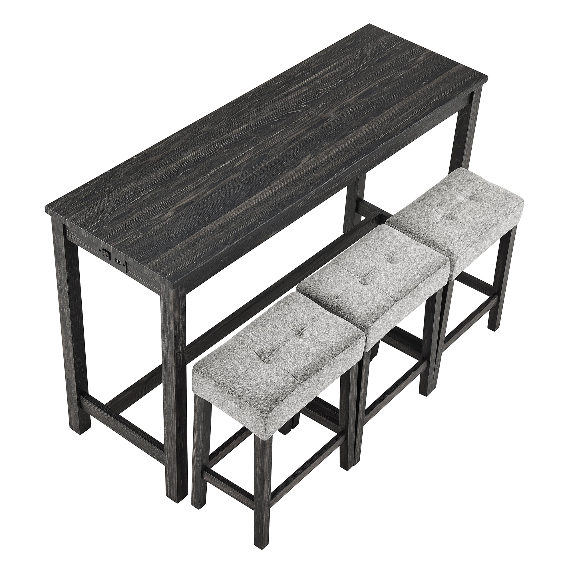 Leumius 4 Piece Bar Table Set with Power Outlet,Rustic Industrial Style Breakfast Table with 3 Padded Stools,Dining Bar Table and Chairs Set for Living Room, Dining Room, Game Room,Black