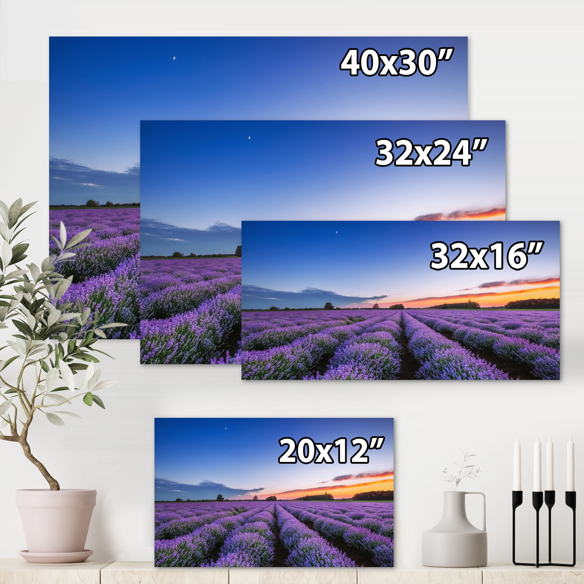 Dramatic Clouds and Sunrise Over Lavender Field I 32 in x 16 in Photography Canvas Art Print, by Designart
