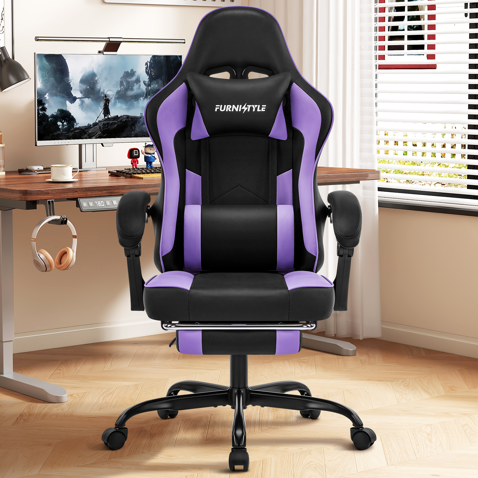 Falvinoryn Gaming Chair, Video Game Chair with Headrest and Lumbar Support,High Back Ergonomic Computer Chair with Footrest,Swivel Desk Office Chair, Purple
