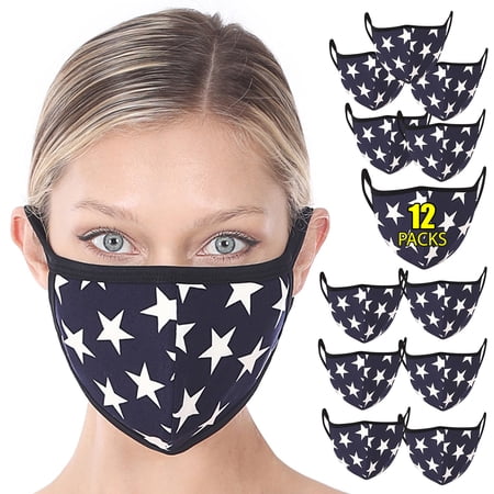 "Star Print Adult Unisex Fashion Cotton Lining Face Covering Mask : NAVY/IVORY-12 Packs"