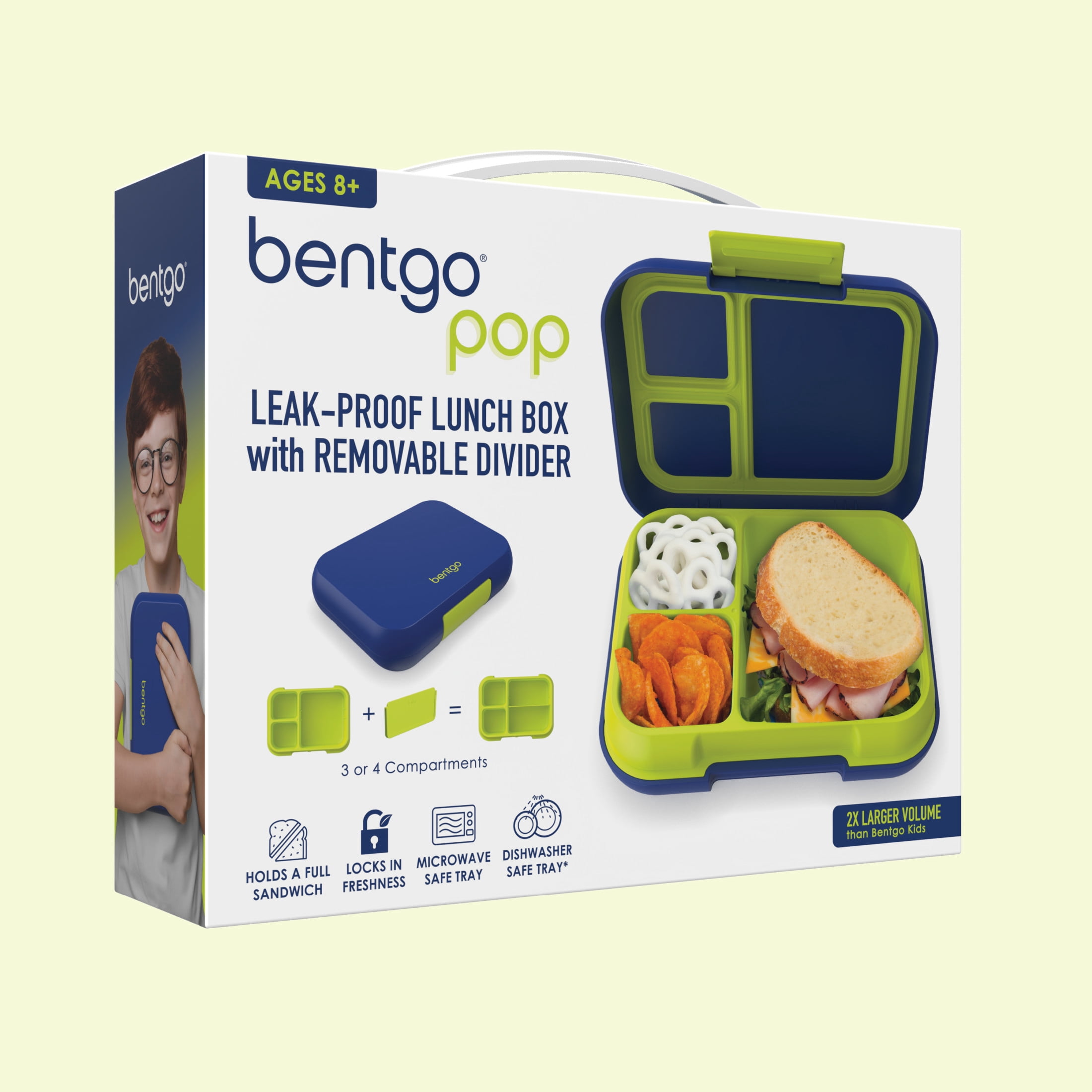 Bentgo® Pop - Leak-Proof Lunch Box & Removable Divider for Ages 8+ & Teens - Lunch Container Holds 5 Cups of Food; 3-4 Compartments; Microwave/Dishwasher Safe; 2 Year Warranty (Navy Blue/Chartreuse)