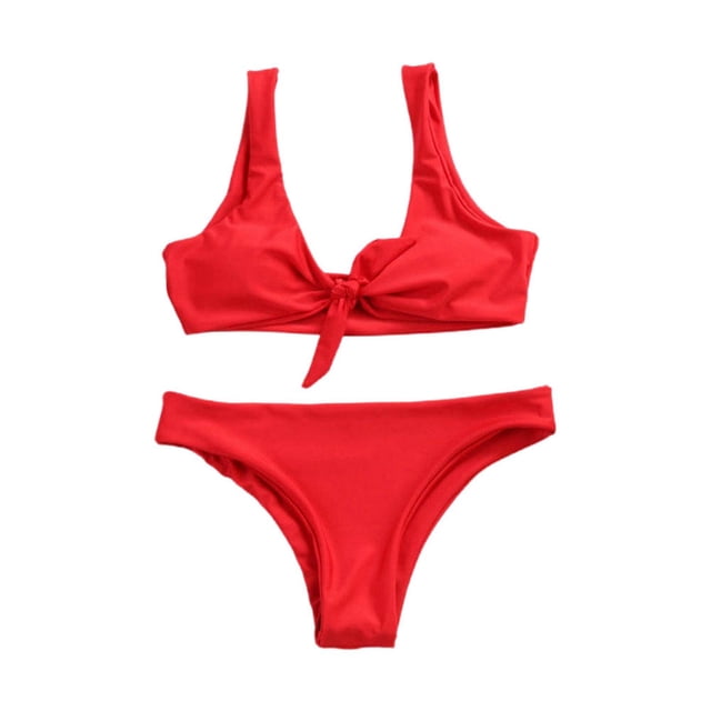 TSADFHJI Womens Plus Size Swimsuits Solid Color Print Split High Waist Pants Suspender Backless Bikini L Red