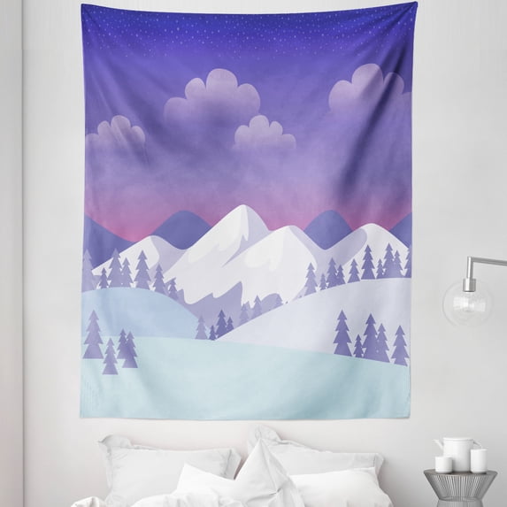 Snowy Mountains Tapestry, Christmas City Purplish Evening Sky Landscape View Artwork, Fabric Wall Hanging Decor for Bedroom Living Room Dorm, 5 Sizes, Lavender Blue and White, by Ambesonne