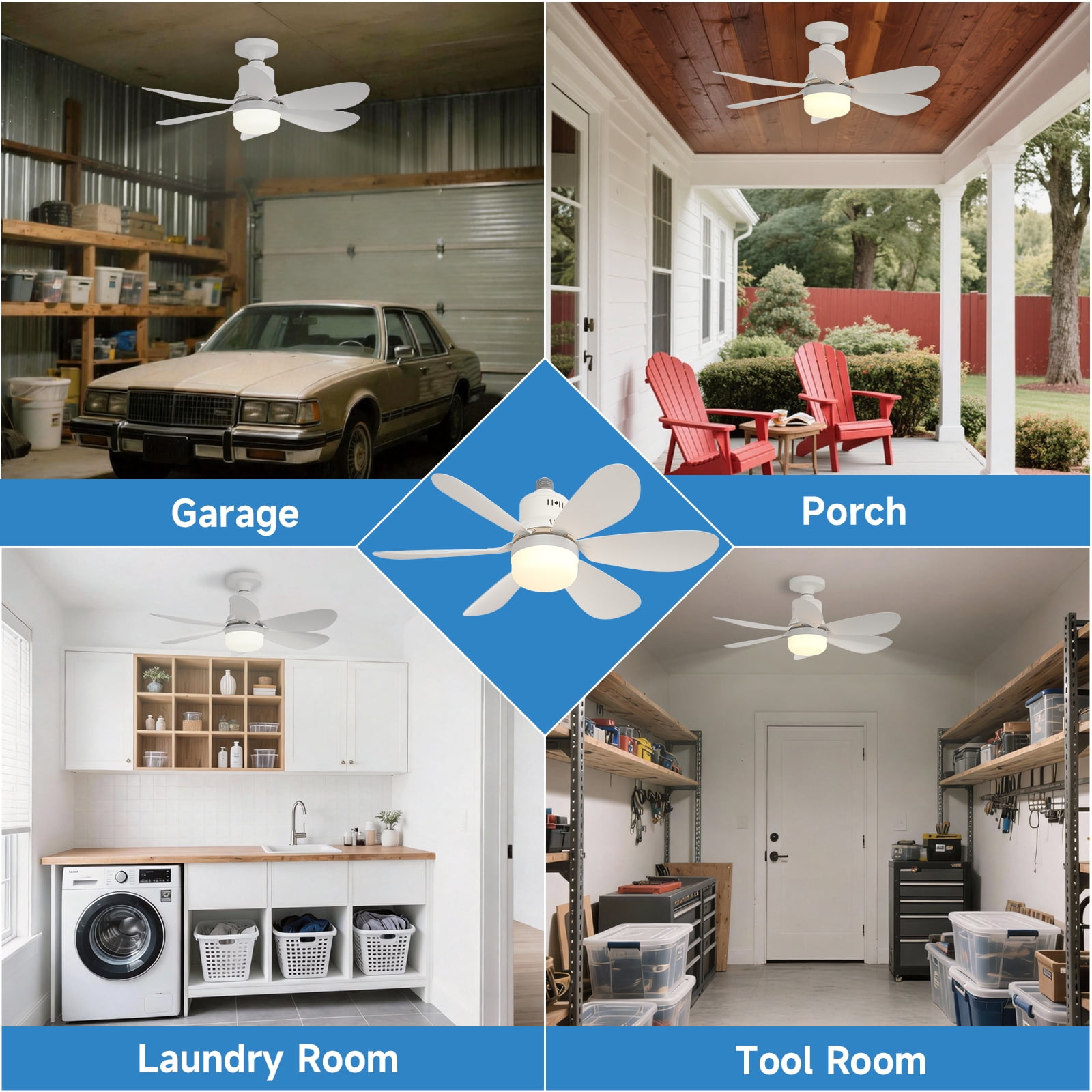 Socket Fan Light with Remote - 20'' Modern Small Ceiling Fans with Lights, 2200 Lumens Dimmable Led Bulb, 3 Colors 3000K-6500K, Easy Install Screw in E26 Base for Bedroom Living Room Kitchen Garage