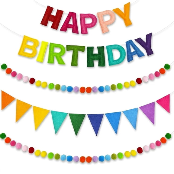 4Pcs Rainbow Felt Happy Birthday Banner Set with Pom Pom Garland & Bunting Flags for Party Decorations