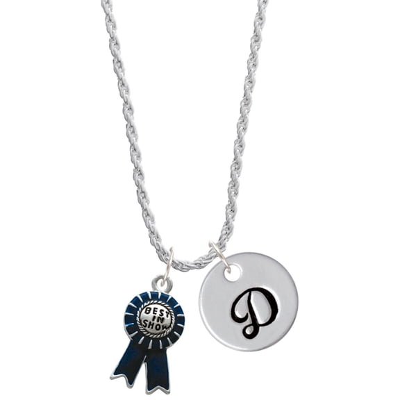 Delight Jewelry Silvertone Best in Show Blue Ribbon Silvertone Script Initial Disc - D - Charm Necklace, 20" 3"
