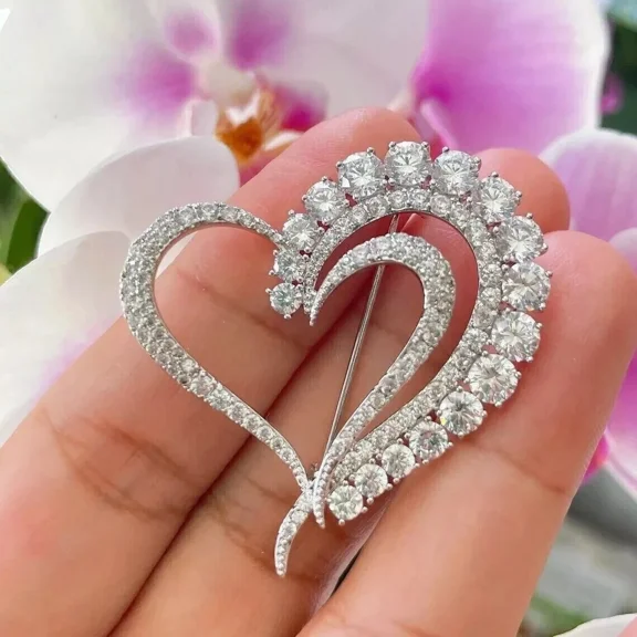 3.00CT Round Cut Lab Created Diamond Wedding Cluster Pretty Heart Brooch 14K White Gold Plated Women's 925 Silver