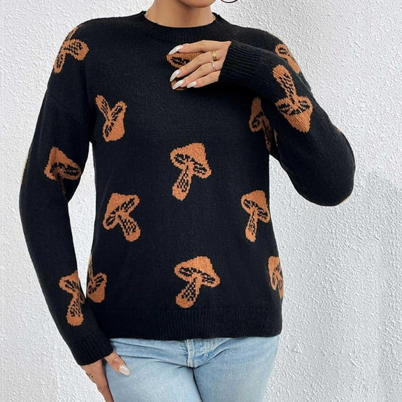 Guzom Womens Mushroom Print Fall Winter Long Sleeve Cowl Neck Casual Pullover Sweaters Black