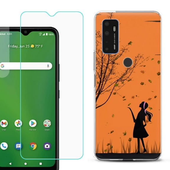 Slim-Fit Gel TPU Phone Case for Cricket Dream 5G, with Tempered Glass Screen Protector, by OneToughShield ® - Autumn Leaf