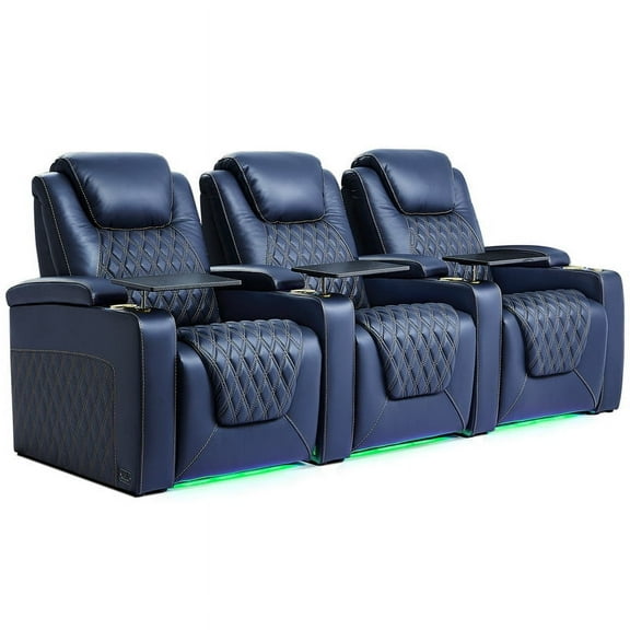 Weilianda Chic Recliner Chair Electricity Recliner Power Recliner Chair Top Grain Leather Movie Chair Gaming Sofa with Tray Table USB Charging Cup Holders,Row of 3 Blue