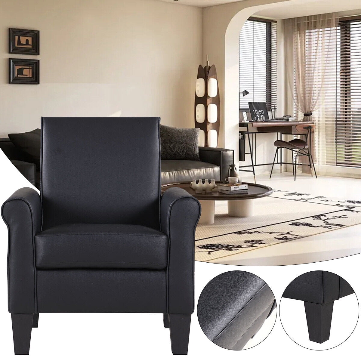 Lohoms Modern PU Faux Leather Accent Armchair Accent Arm Club Chair, Black