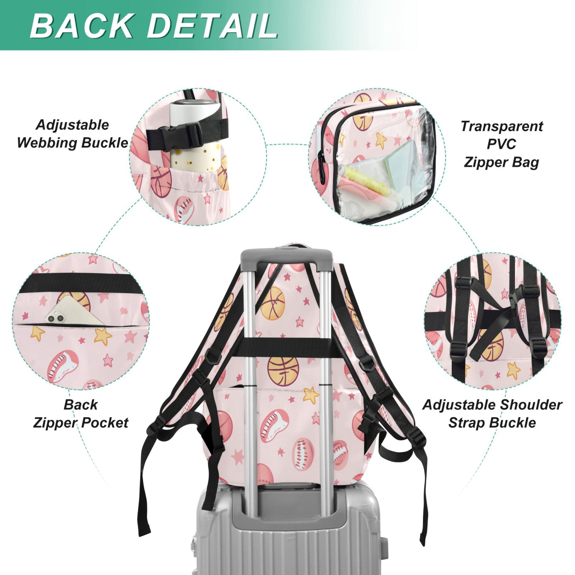 PVC Casual Backpack 25L Daypack with Laptop Compartment Lightweight Travel Backpack for Work Outdoor Activities Basketballs and Baseballs
