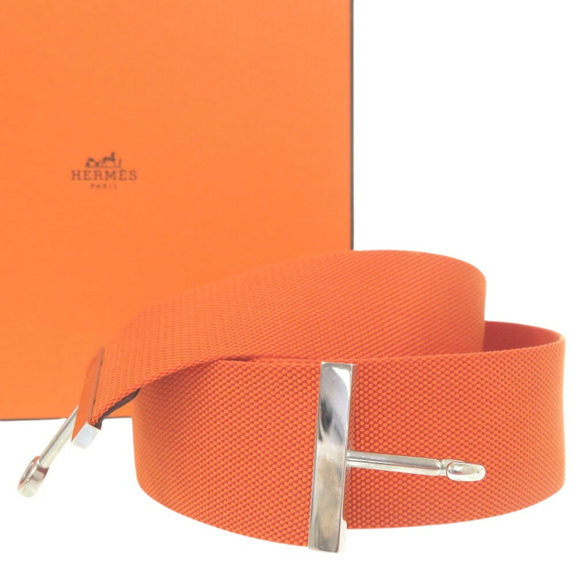 Hermes Hook Belt Waist Belt Nylon Metal Orange Engraved I 0566 Pre-Owned Hermes Hook Belt Waist Nylon Metal Orange I Stamp  main image 2