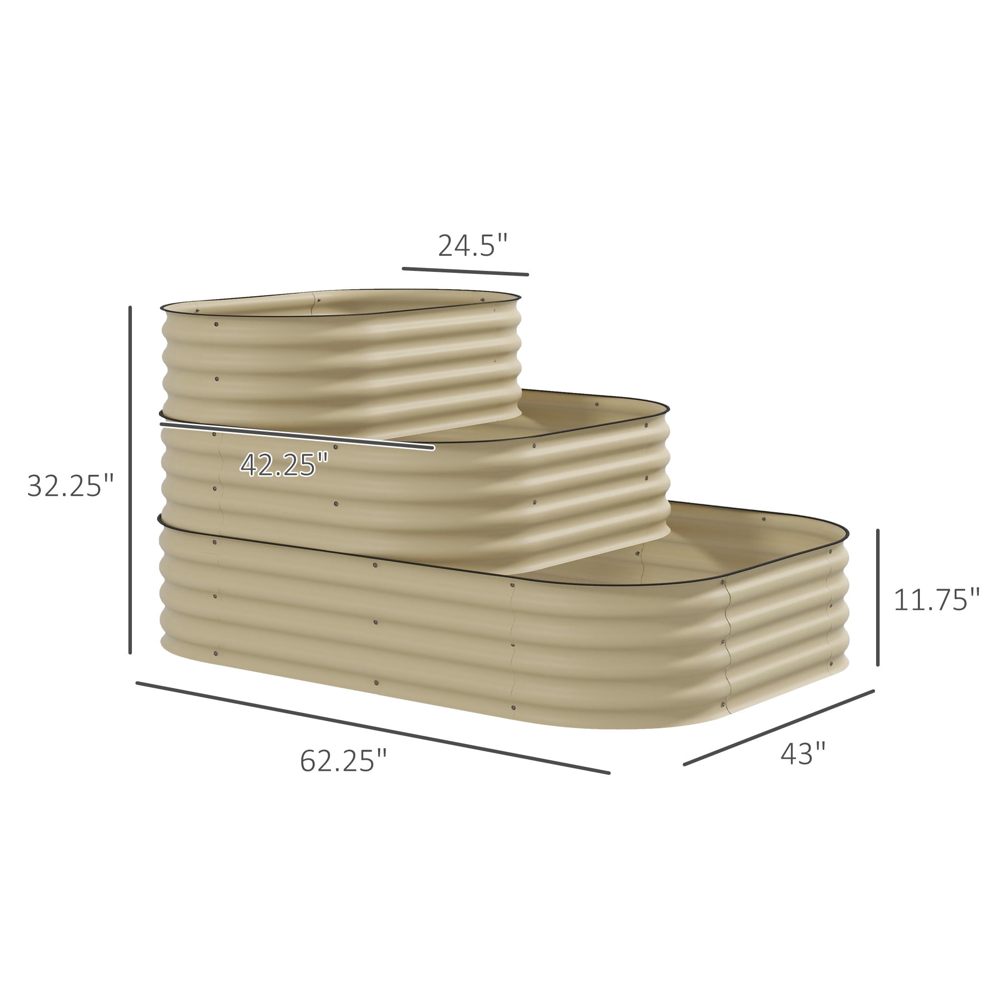 3-Tier Galvanized Steel Raised Garden Bed Kit, 3 Combining Planter Boxes with Rubber Strip Edging, Open Bottom for Backyard, Garden, Patio, Cream White