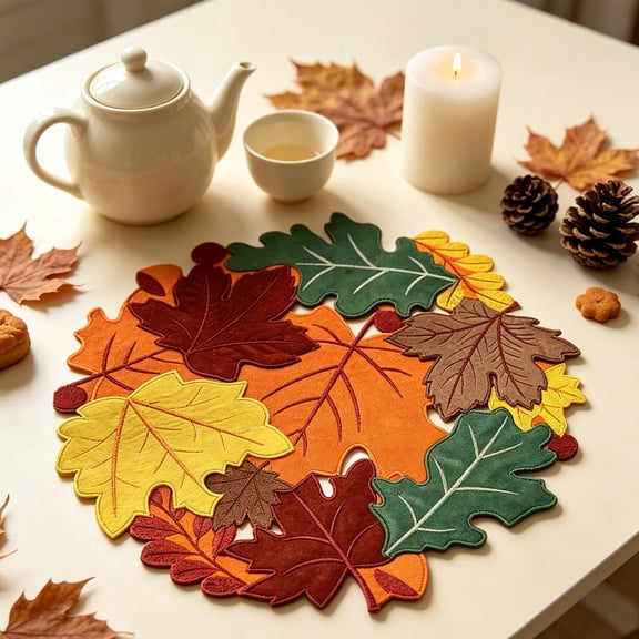 WOHSAO Thanksgiving Table Doilies For Fall Home Decoartion,Maple Leaf Placemat Round Placemats For Dining Table, Harvest Maple Leaves Embroidered Table Mats For Autumn Kitchen Coffee Table Home Decor