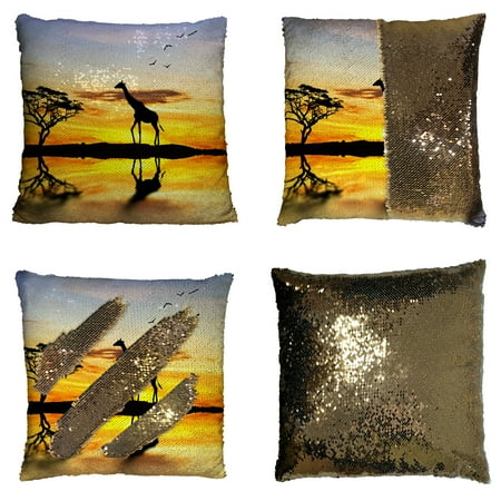 GCKG Nature Landscape with Beautiful Sunset Pillowcase, Wild Animal Giraffe Tree Shadows Reversible Mermaid Sequin Pillow Case Home Decor Cushion Cover 16x16 inches