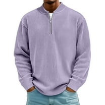 Men's Corduroy Sweatshirts Quarter-Zipper Casual Polo Shirts Stand Collar Long Sleeve Ribbed Golf Shirts Light Purple 4XL