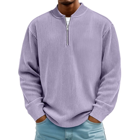 Men's Corduroy Sweatshirts Quarter-Zipper Casual Polo Shirts Stand Collar Long Sleeve Ribbed Golf Shirts Light Purple 4XL