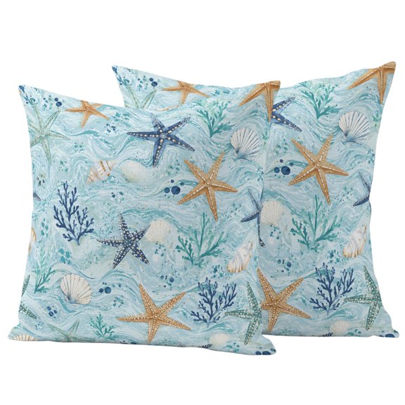 Coastal Starfish Outdoor Waterproof Pillow Covers, Nautical Beach Ocean Coral Shells Conch Decorative Square Throw Pillowcase Sofa Cushion Sham for Patio/Couch/Chair, 20"x20" 2 Pack