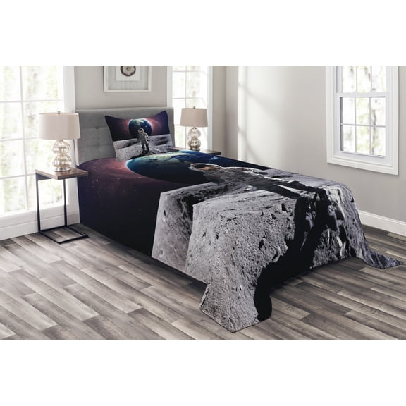 Ambesonne Space Quilted Bedspread Set 2 Pcs, Brace Astronaut Cosmos, Twin Size, Grey Magenta