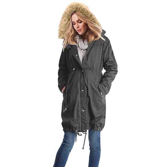 FAVIPT Maternity Coats for Women Thickened Quilted 3 in 1 Puffer Long Jacket Fleece Lined Winter Warm Hooded Outwear with Pockets Gray,S