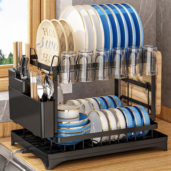 Dish Drying Rack,2 Tier Drying Rack Kitchen with Drainboard,Large Capacity Dish Drainer Organizer Shelf with Utensil Holder, Cup