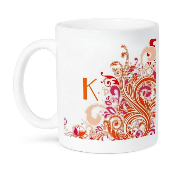 3dRose, Letter K On Pretty Pink n Orange Swirls, 11oz Mug
