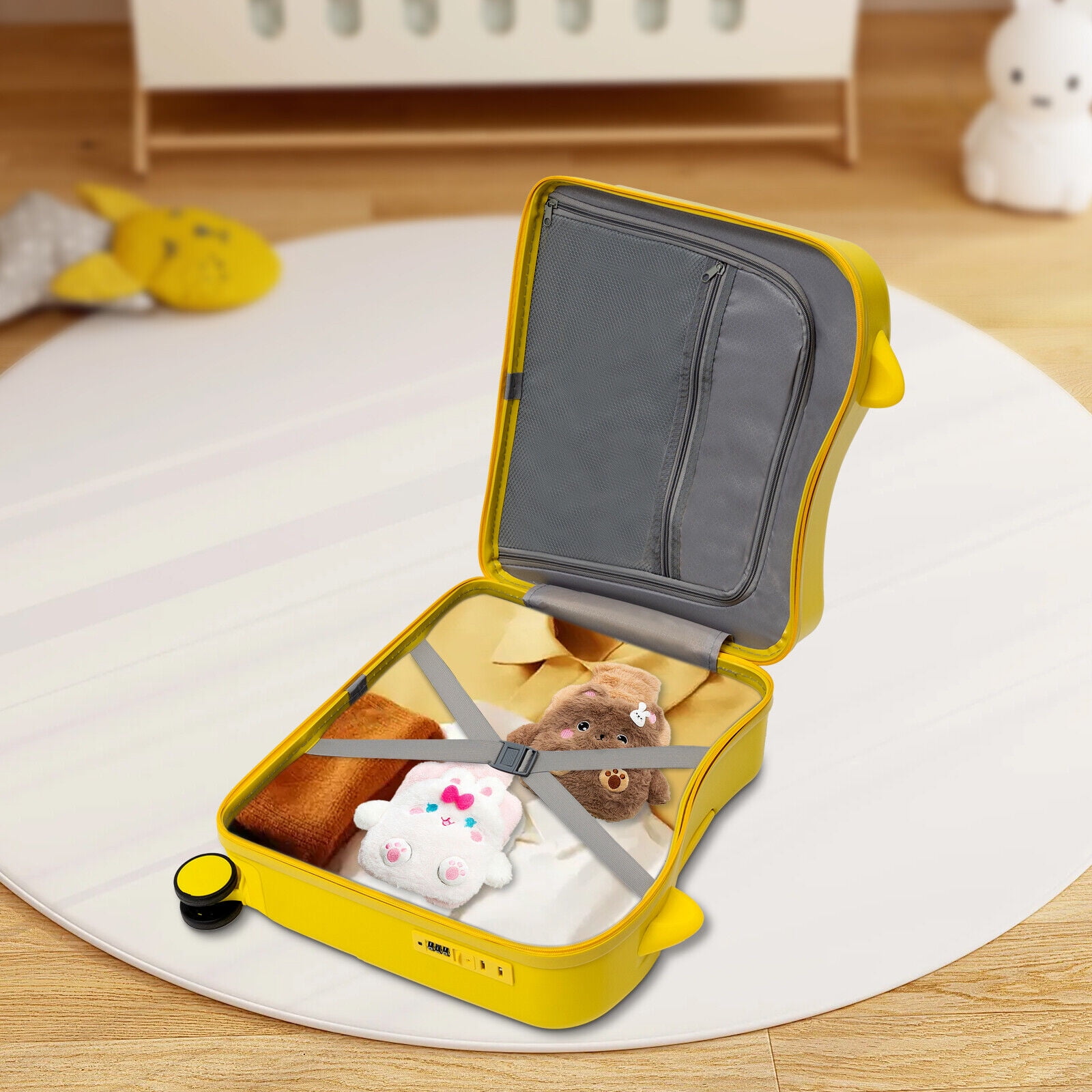 Ride-On Kids Suitcase 18" Hard Shell Luggage with Wheels, 37L Carry-On with Lock, Adjustable Handle & Seat for Toddlers Ages 3-6 - Yellow