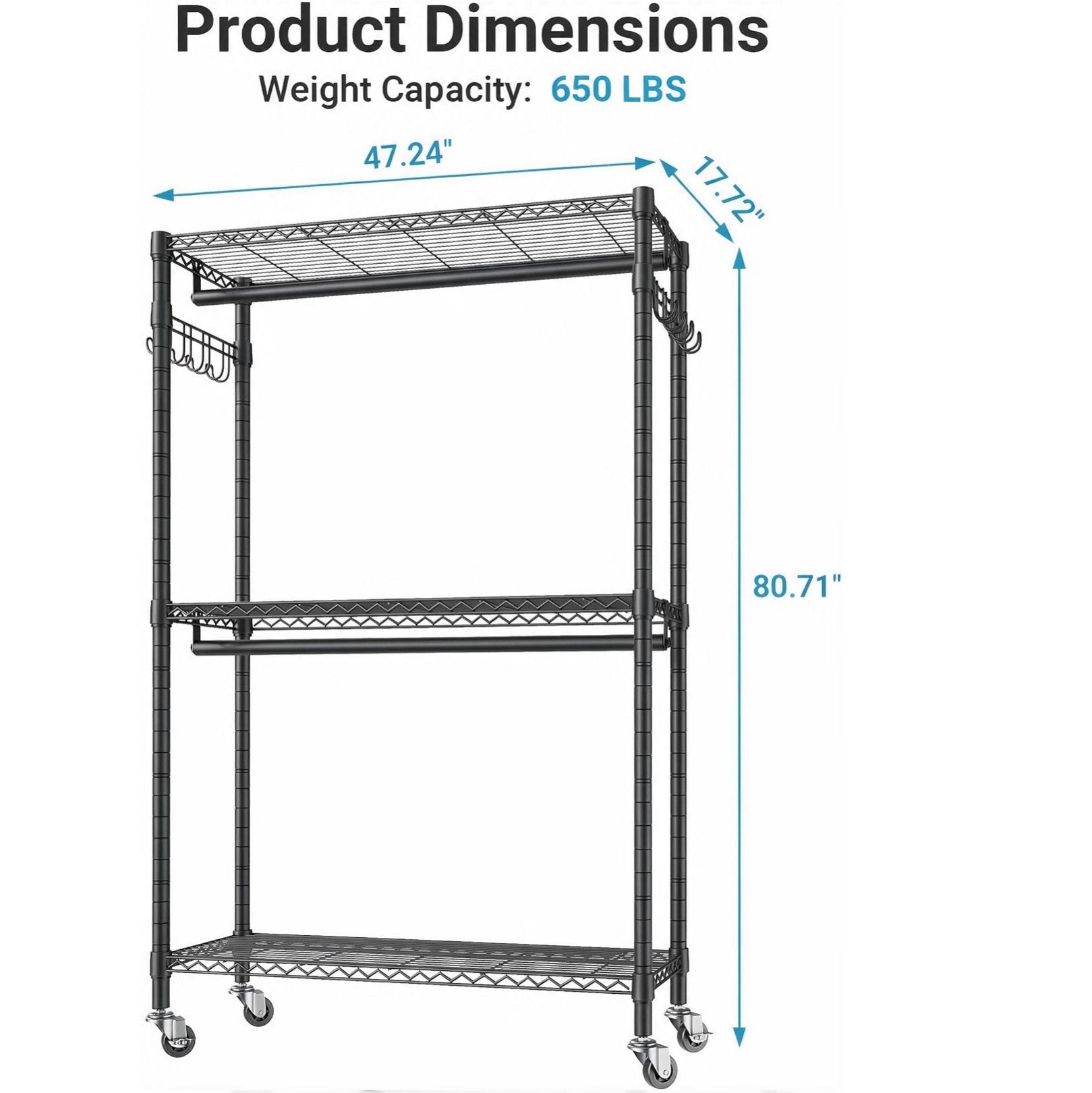 Sailvan 640LBS Heavy Duty Rolling Clothes Rack, 47" Garment Rack with Wheels, Metal Freestanding Portable Closet, 2 Hanging Rods & 3 Shelves,Black